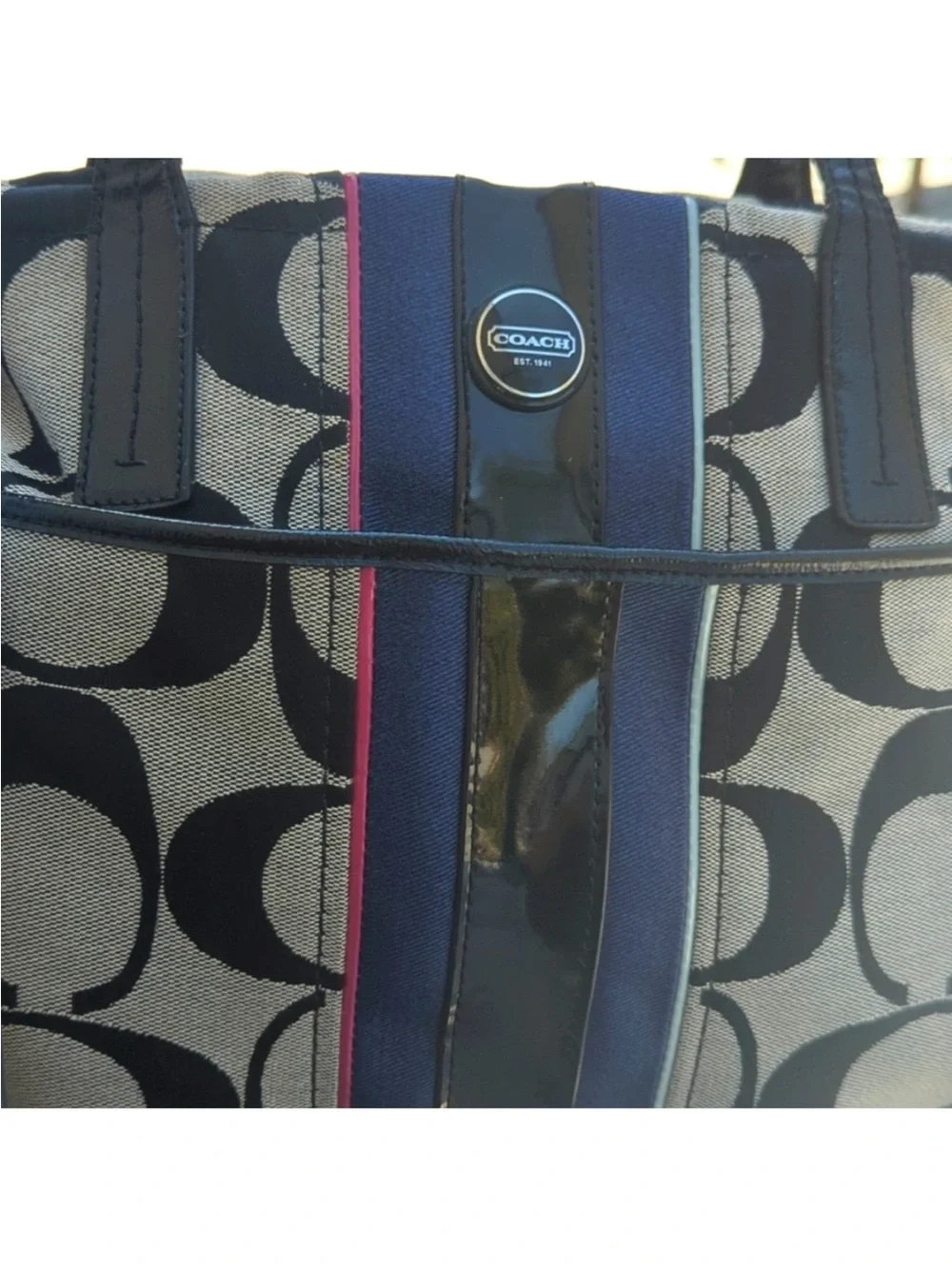 Coach Signature Tote in Black, Tan and Navy with Purple Stripe